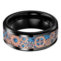 Black and Rose Gold Gear Steampunk Clockwork Tungsten Mens Wedding Band Ring with Blue Carbon Fiber Inlay