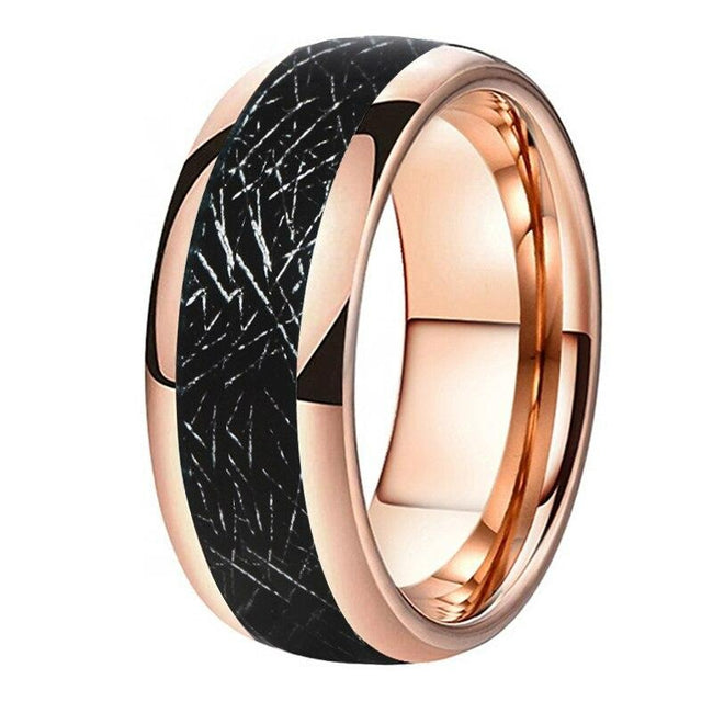 Rose Gold and Black Meteorite Tungsten Mens Wedding Band Ring