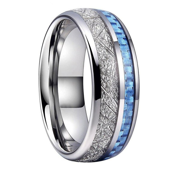 Silver Meteorite and Blue Carbon Fiber Inlay Tungsten Mens Wedding Band Ring