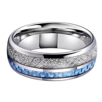 Silver Meteorite and Blue Carbon Fiber Inlay Tungsten Mens Wedding Band Ring