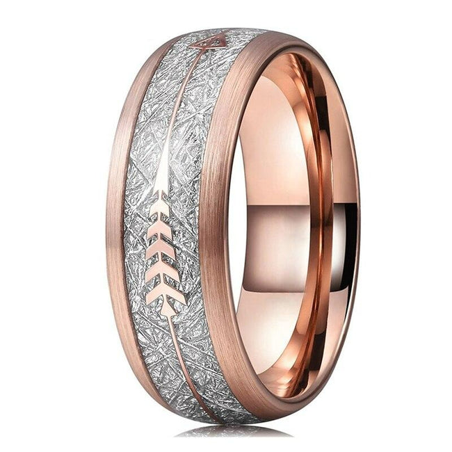 Rose Gold Meteorite and Arrow Inlay Tungsten Mens Wedding Band Ring