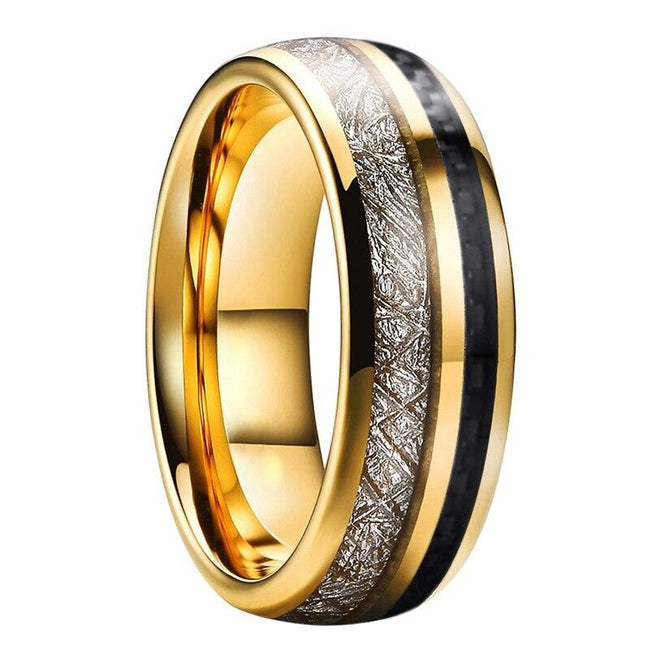 Yellow Gold Meteorite and Black Carbon Fiber Tungsten Mens Wedding Band Ring