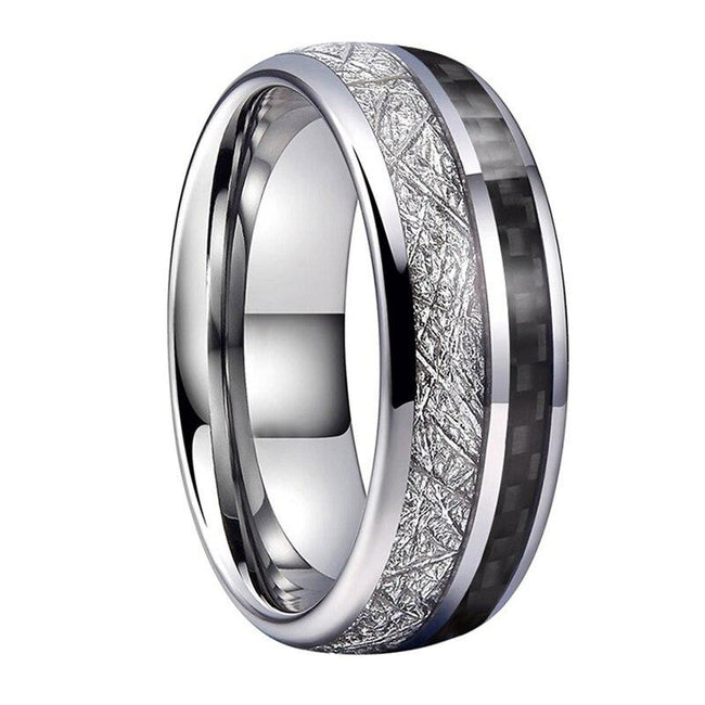 Silver Meteorite and Black Carbon Fiber Tungsten Mens Wedding Band Ring