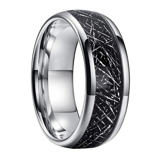 Silver and Black Meteorite Tungsten Mens Wedding Band Ring