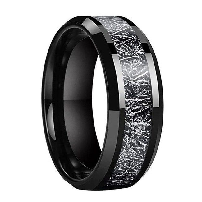 Black Meteorite Tungsten Mens Wedding Band Ring