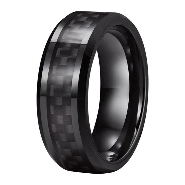 Black Carbon Fiber Tungsten Mens Wedding Band Ring