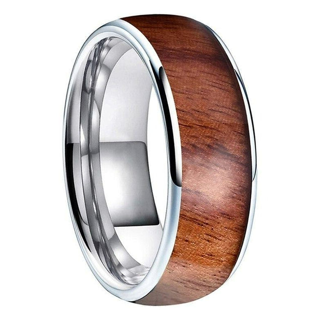 Silver Koa Wood Inlay Tungsten Mens Wedding Band Ring