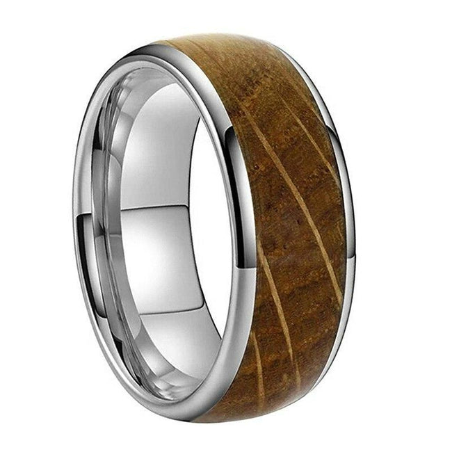 Silver Whiskey Barrel Wood Inlay Tungsten Mens Wedding Band Ring