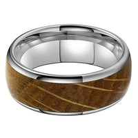 Silver Whiskey Barrel Wood Inlay Tungsten Mens Wedding Band Ring