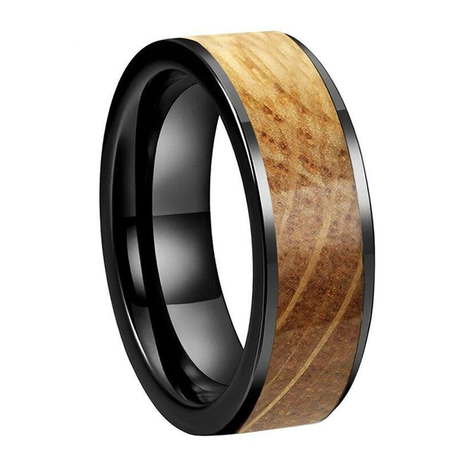 Black Whiskey Barrel Wood Inlay Tungsten Mens Wedding Band Ring