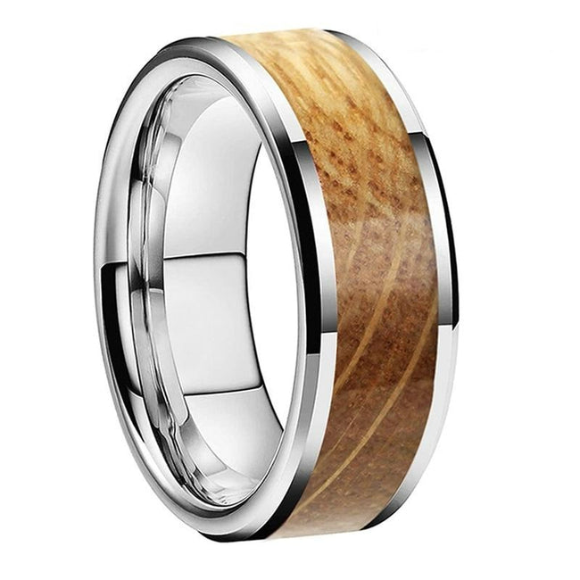 Silver Whiskey Barrel Wood Inlay Tungsten Mens Wedding Band Ring