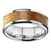 Silver Whiskey Barrel Wood Inlay Tungsten Mens Wedding Band Ring