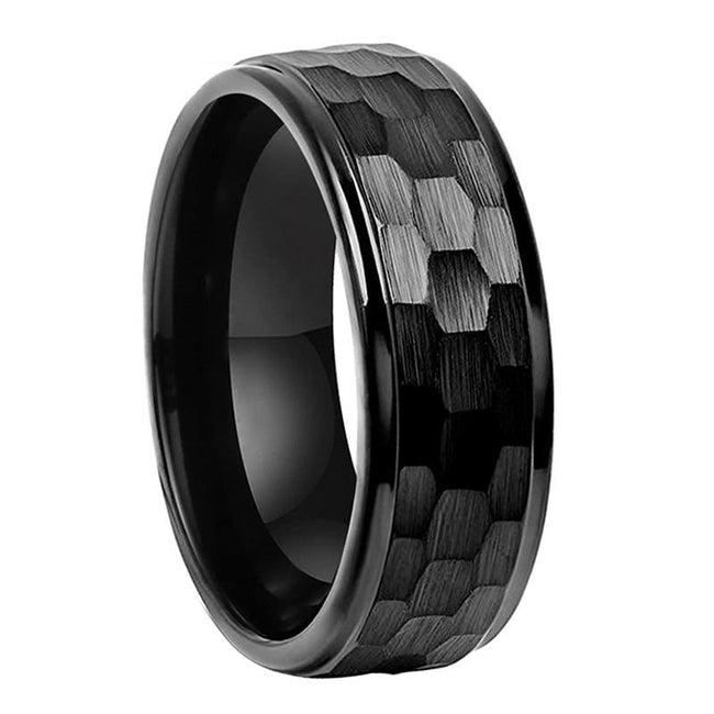 Black Hammered Tungsten Wedding Band Ring for Men with Stepped Edges