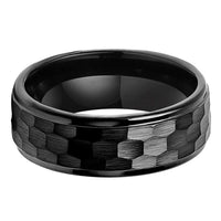 Black Hammered Tungsten Wedding Band Ring for Men with Stepped Edges