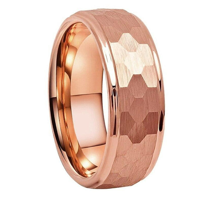 Rose Gold Hammered Tungsten Wedding Band Ring for Men with Stepped Edges