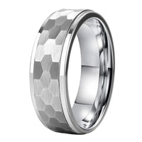 Silver Hammered Tungsten Wedding Band Ring for Men with Stepped Edges