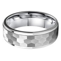 Silver Hammered Tungsten Wedding Band Ring for Men with Stepped Edges
