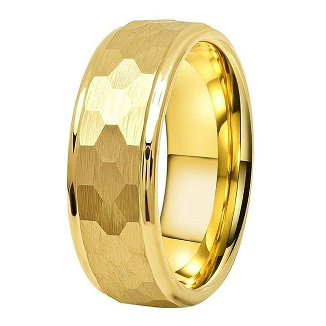 Yellow Gold Hammered Tungsten Wedding Band Ring for Men with Stepped Edges