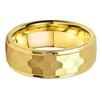 Yellow Gold Hammered Tungsten Wedding Band Ring for Men with Stepped Edges