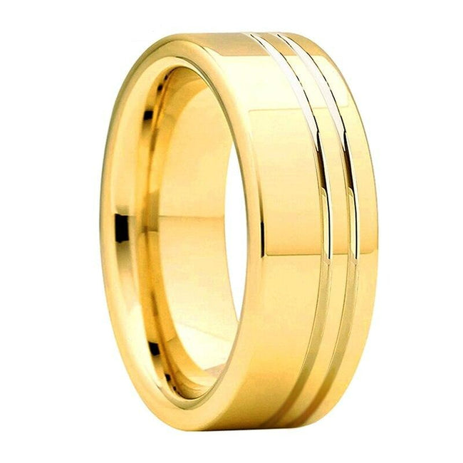 Yellow Gold Double Grooved Tungsten Wedding Band Ring for Men