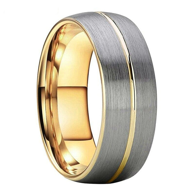 Yellow Gold Grooved Silver Finish Tungsten Wedding Band Ring for Men