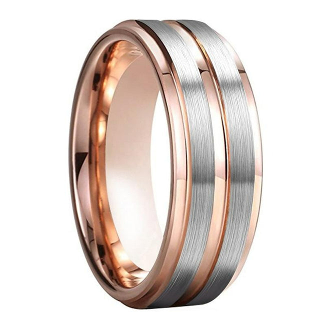 Rose Gold and Silver Brushed Tungsten Wedding Band Ring for Men with Stepped Edges