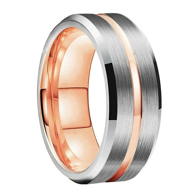 Rose Gold Grooved and Silver Brushed Tungsten Wedding Band Ring for Men