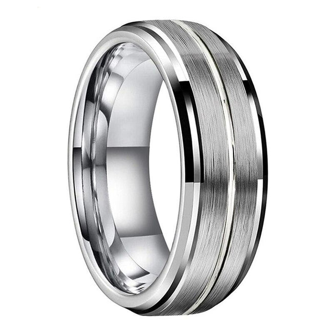 Silver Grooved Stepped Edges Tungsten Wedding Band Ring for Men and Women