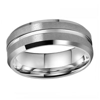 Silver Matte Finish Grooved Tungsten Wedding Band Ring for Men with Beveled Edges