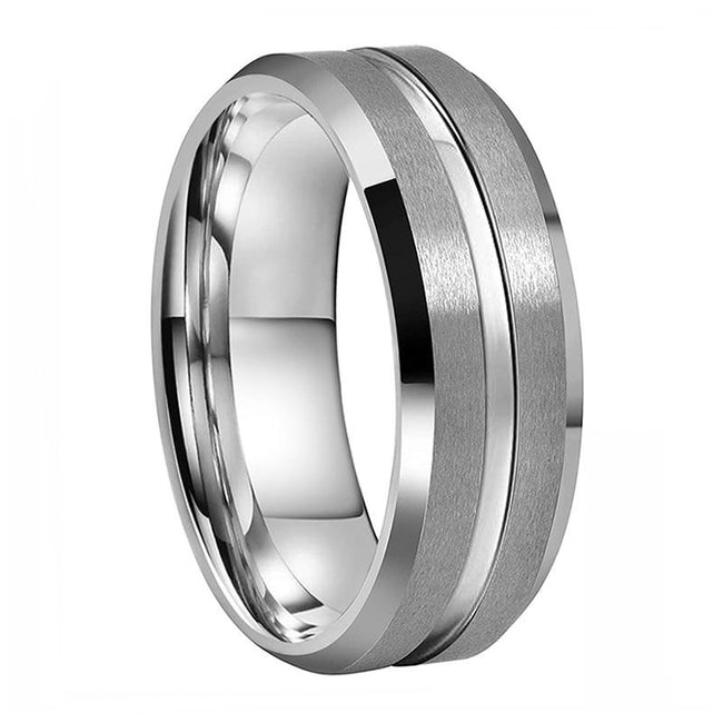 Silver Matte Finish Grooved Tungsten Wedding Band Ring for Men with Beveled Edges