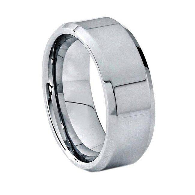 Silver Polished Beveled Edges Couple Tungsten Wedding Band Ring for Men and Women