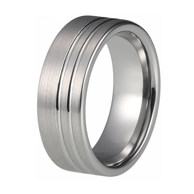 Silver Brushed Offset Grooves Wedding Band Ring for Men