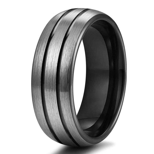 Black and Silver Matte Finish Tungsten Wedding Band Ring for Men with Double Grooves