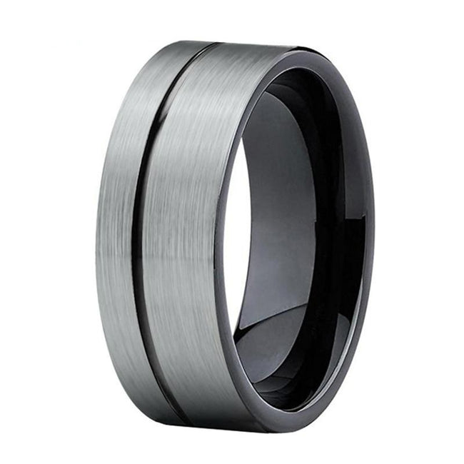 Silver and Black Offset Grooved Tungsten Wedding Band Ring for Men