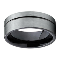 Silver and Black Offset Grooved Tungsten Wedding Band Ring for Men