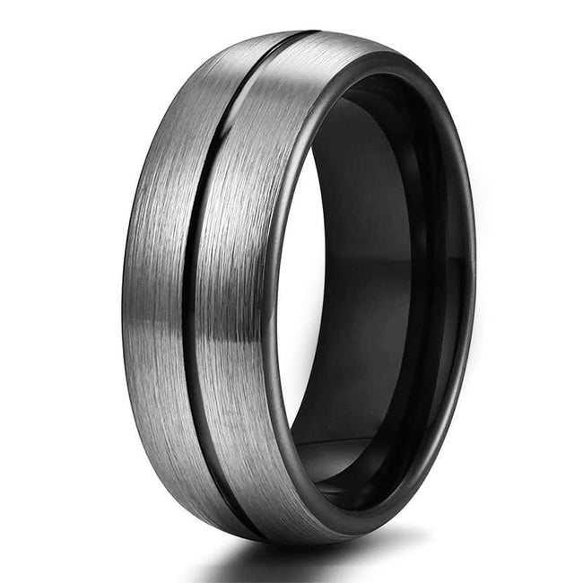 Silver and Black Center Grooved Tungsten Wedding Band Ring for Men