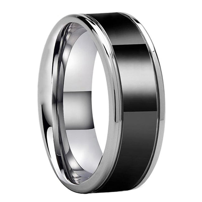 Black and Silver Polished Tungsten Wedding Band Ring for Men