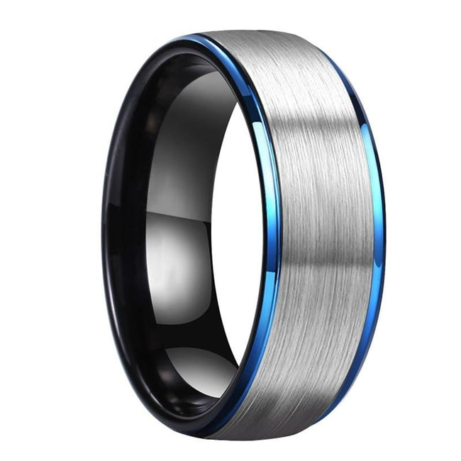 Black and Silver Matte Finish Blue Edges Tungsten Wedding Band Ring for Men