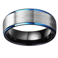 Black and Silver Matte Finish Blue Edges Tungsten Wedding Band Ring for Men