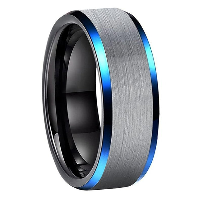 Silver and Black Brushed Blue Edges Tungsten Wedding Band Ring for Men