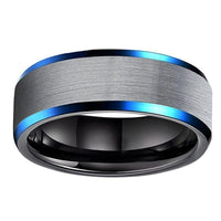 Silver and Black Brushed Blue Edges Tungsten Wedding Band Ring for Men
