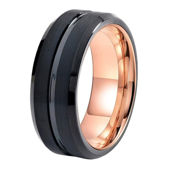 Rose Gold and Black Grooved Tungsten Wedding Band Ring for Men