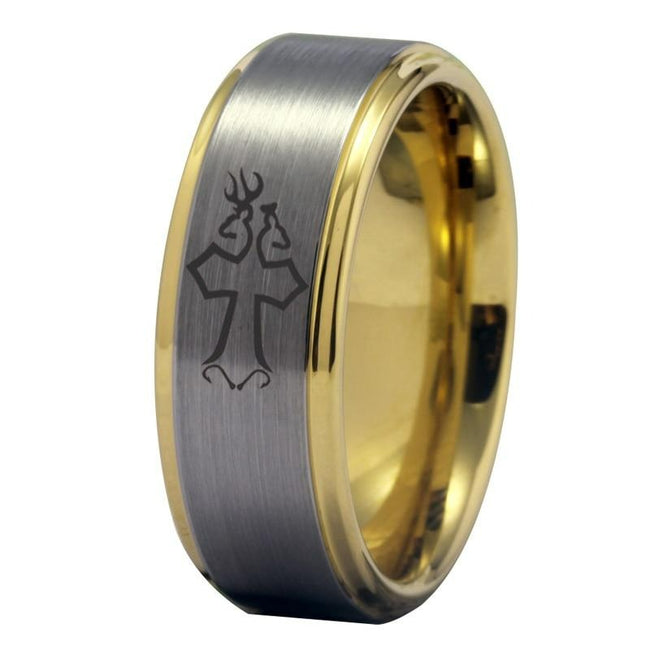 Yellow Gold and Silver Deer and Fish Hooks Cross Design Tungsten Wedding Band Ring for Men