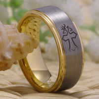 Yellow Gold and Silver Deer and Fish Hooks Cross Design Tungsten Wedding Band Ring for Men