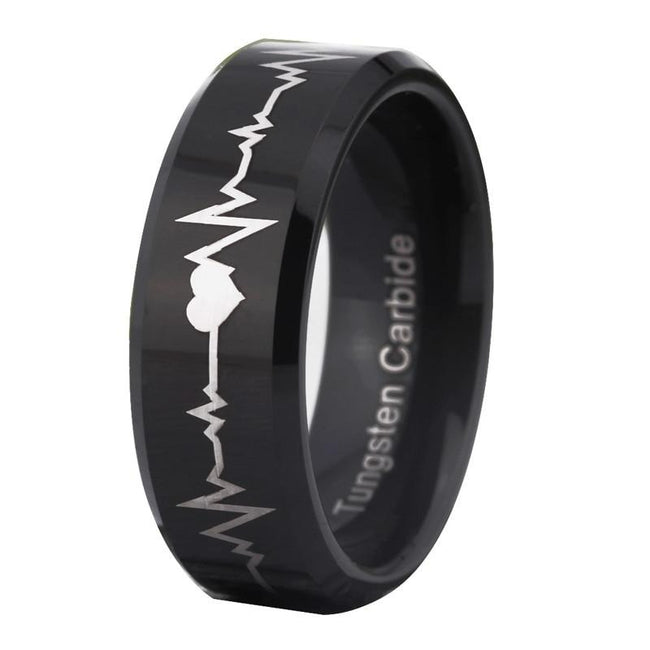 Black Heartbeat Tungsten Wedding Band Ring for Men