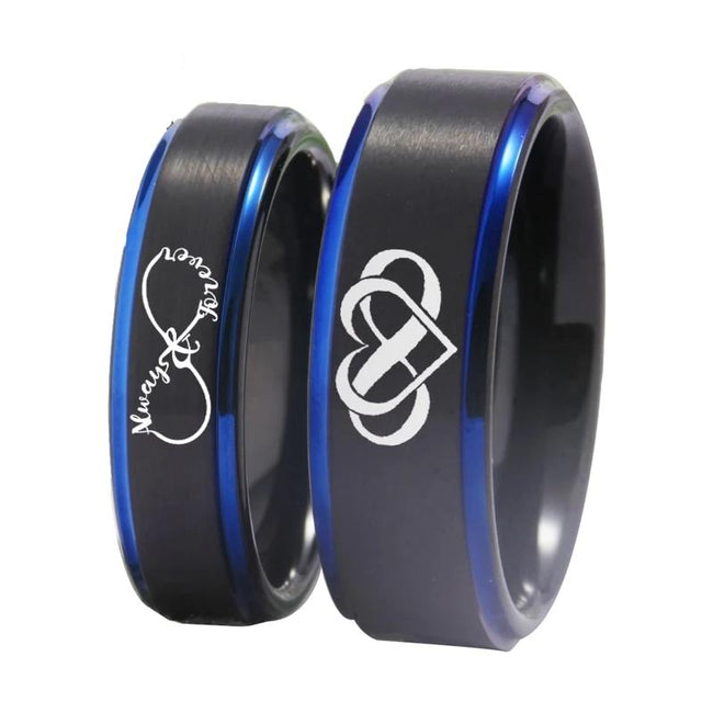 Black Blue Infinity Heart Always and Forever Couple Tungsten Wedding Band Ring for Men and Women