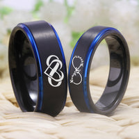 Black Blue Infinity Heart Always and Forever Couple Tungsten Wedding Band Ring for Men and Women