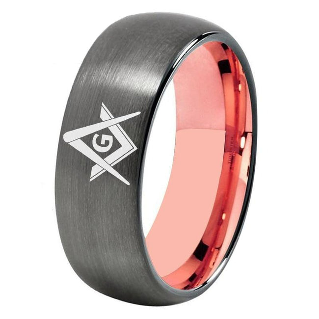 Rose Gold and Gunmetal Brushed Masonic Tungsten Wedding Band Ring for Men