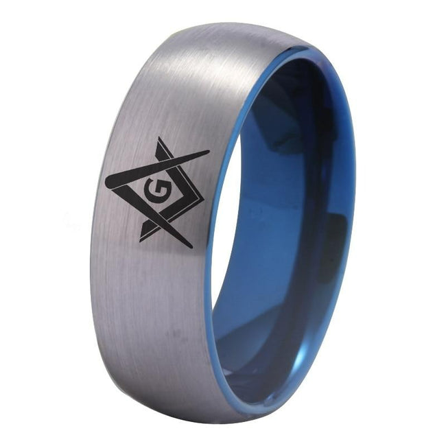 Blue and Silver Masonic Tungsten Wedding Band Ring for Men and Women