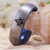 Blue and Silver Masonic Tungsten Wedding Band Ring for Men and Women